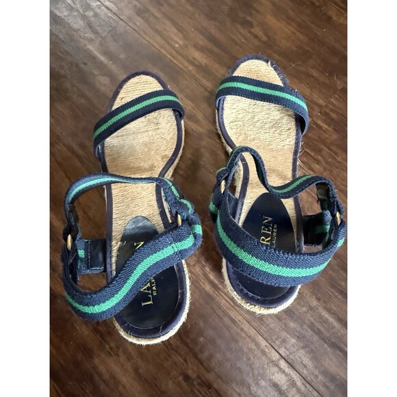 Lauren Ralph Lauren Women’s Wedge Sandals 8.5B Green Navy Strap Ankle 3” Preppy - Picture 7 of 10